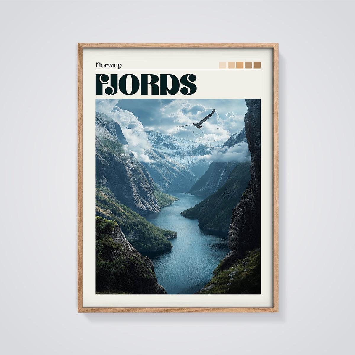 Norway Fjord Eagle Print framed in oak on a grey background