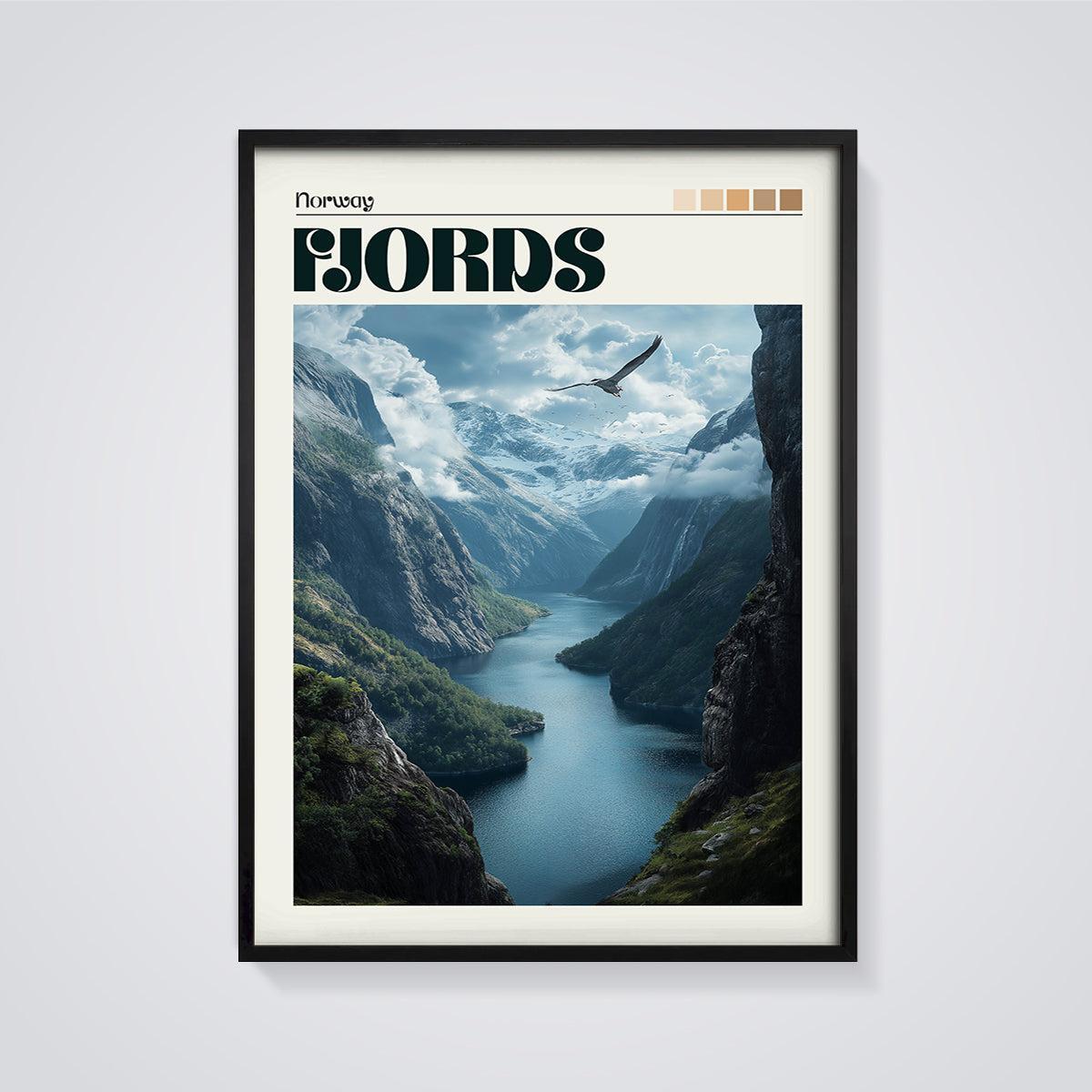 Norway Fjord Eagle Print framed in black on a grey background