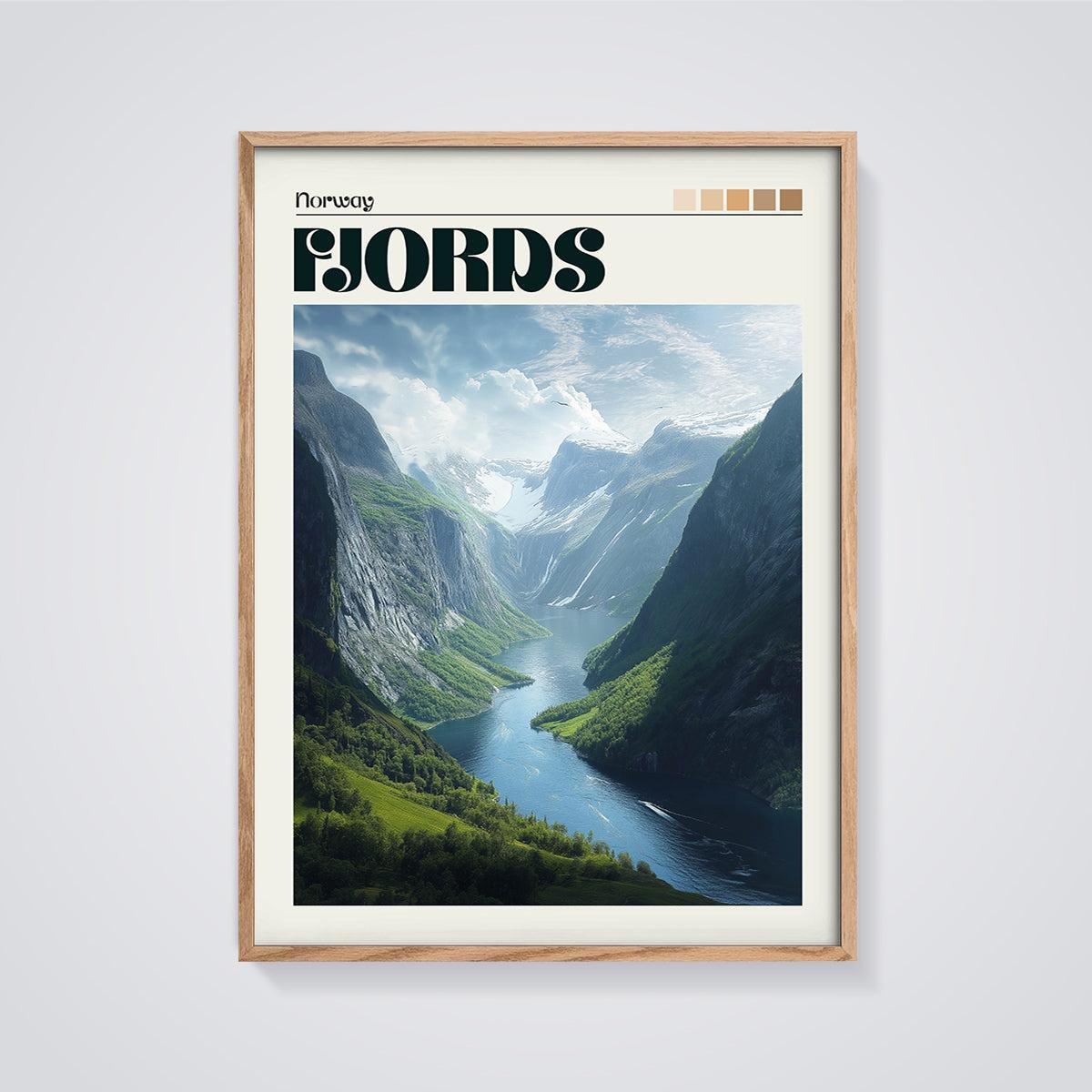 Norway Fjord Landscape Print framed in oak on a grey background