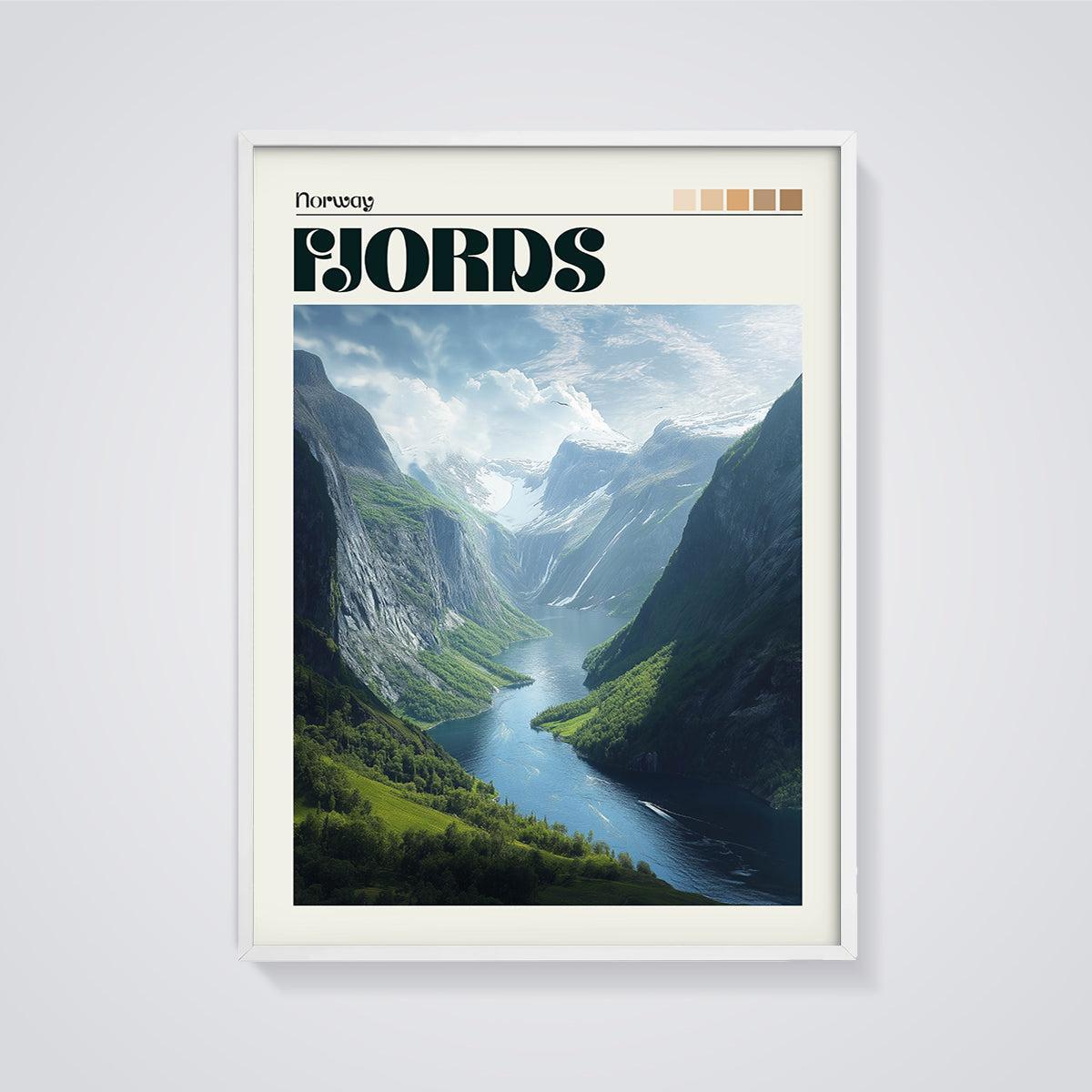 Norway Fjord Landscape Print framed in white on a grey background