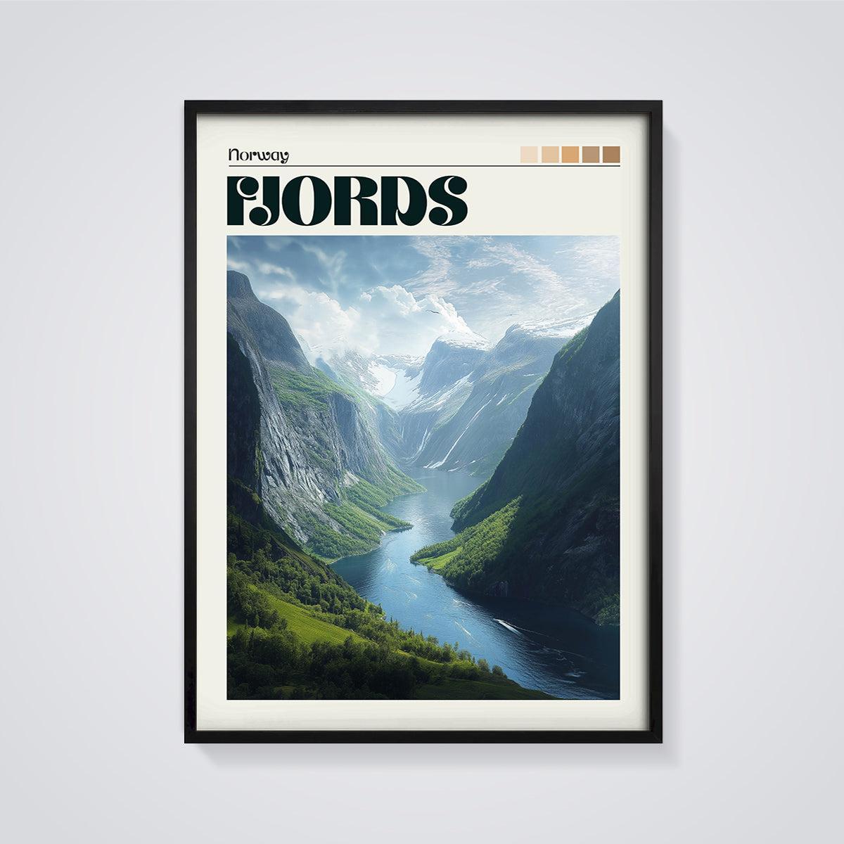 Norway Fjord Landscape Print framed in black on a grey background