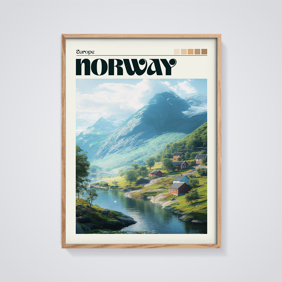 Norway Mountain Fjord Print framed in oak on a grey background