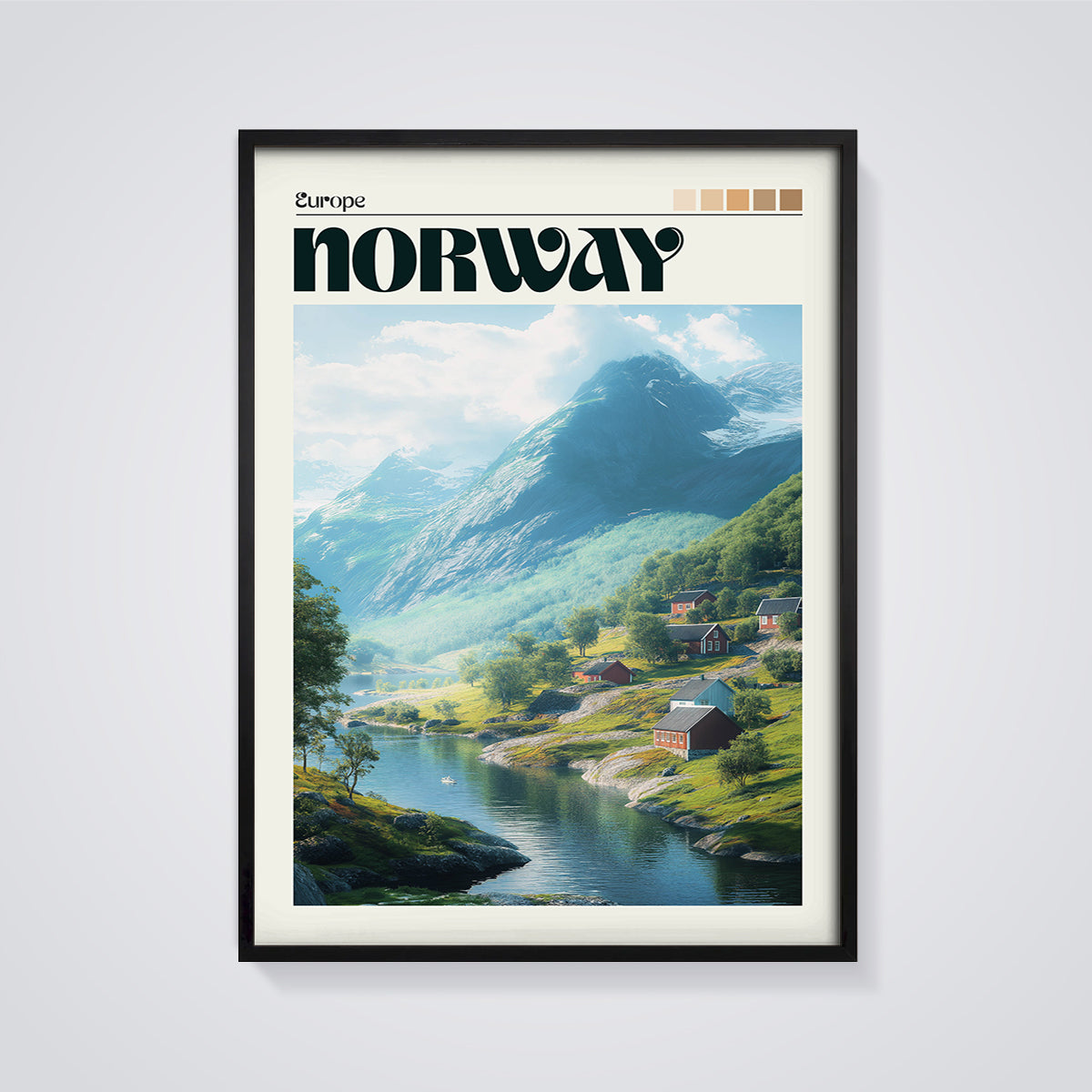 Norway Mountain Fjord Print framed in black on a grey background