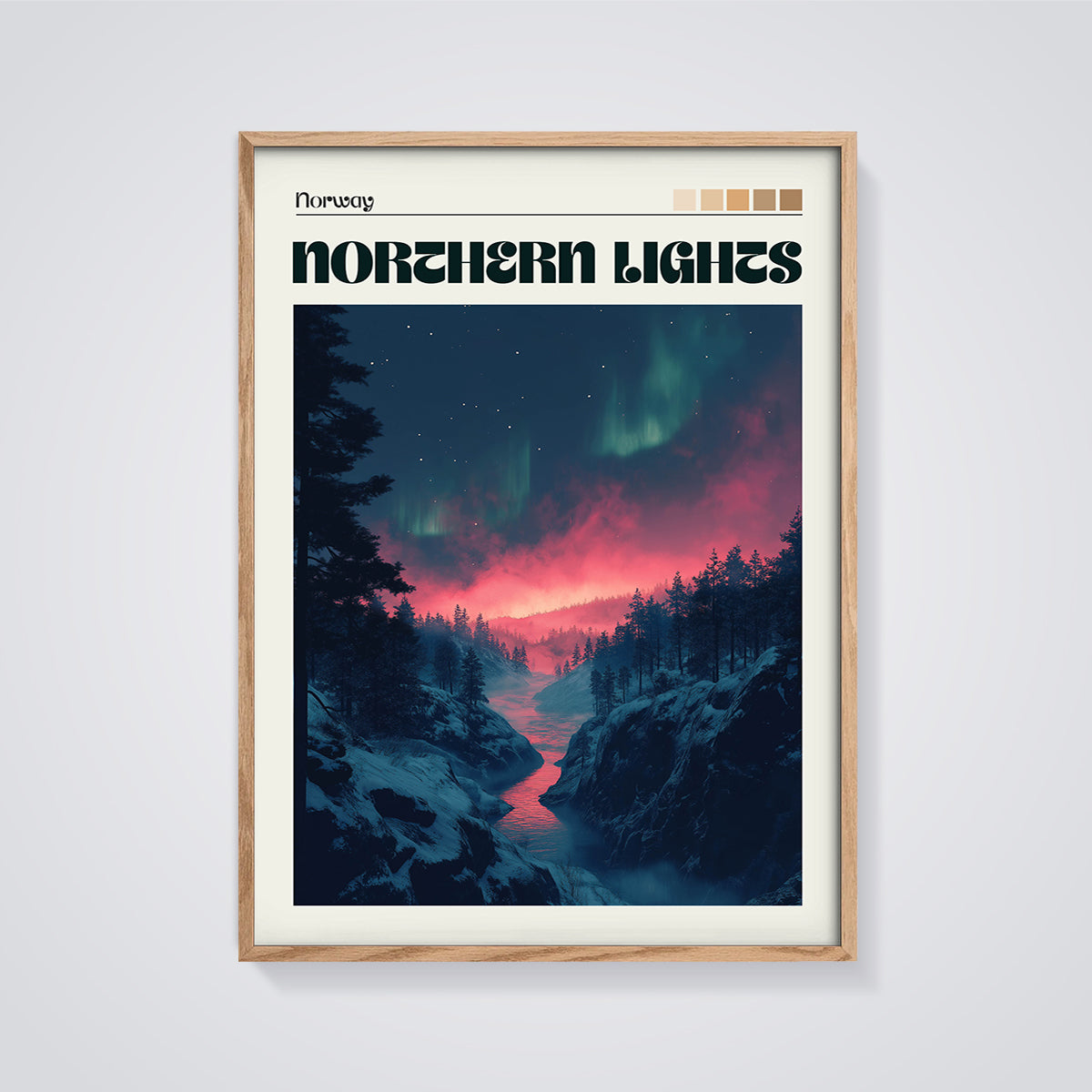 Norway Northern Lights Print framed in oak on a grey background