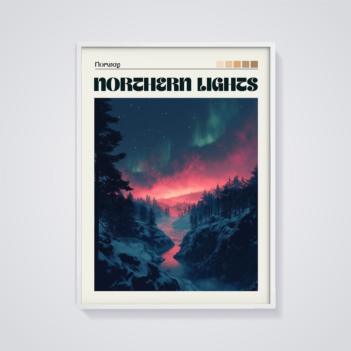 Norway Northern Lights Print framed in white on a grey background