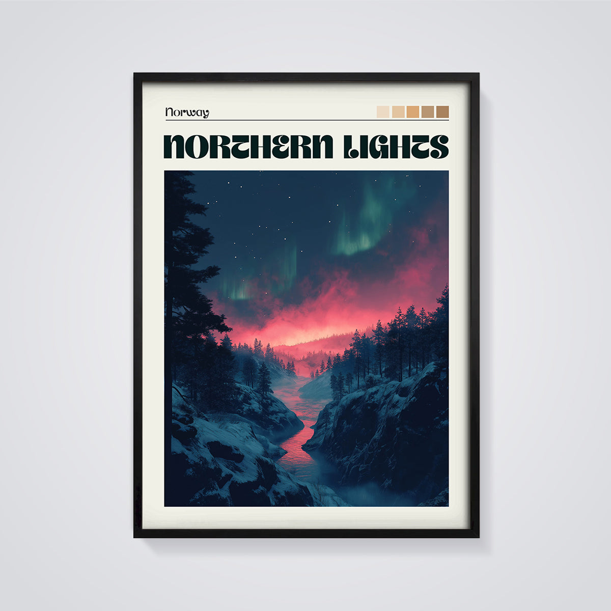 Norway Northern Lights Print framed in black on a grey background