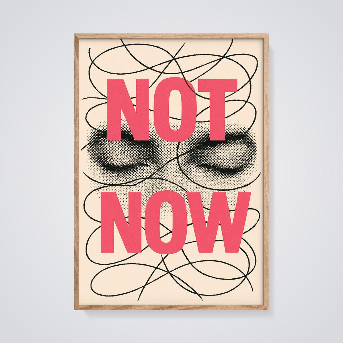 Not Now Halftone Eyes Print framed in oak on a grey background