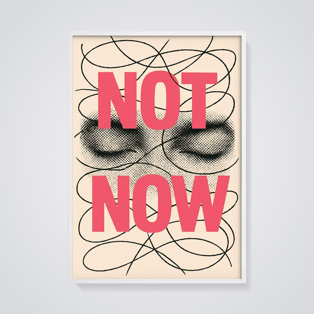 Not Now Halftone Eyes Print framed in white on a grey background