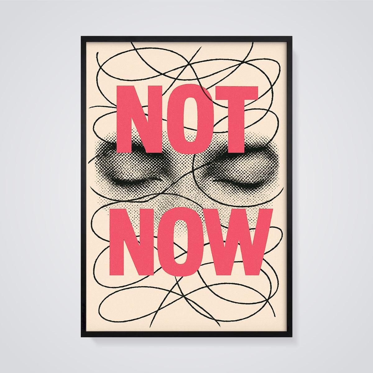 Not Now Halftone Eyes Print framed in black on a grey background