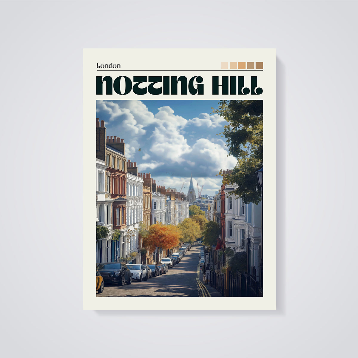 Notting Hill London Street Print unframed on a grey background