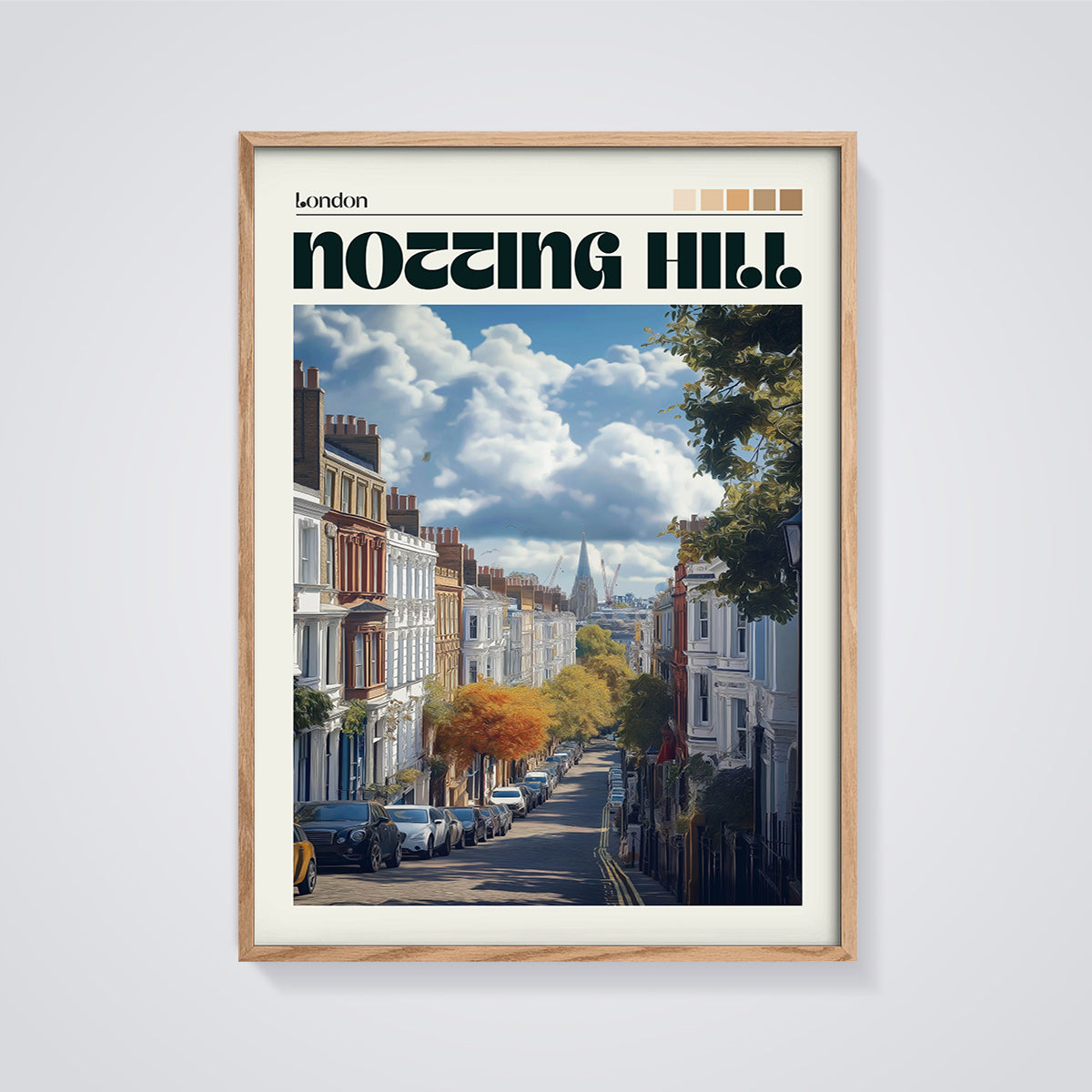 Notting Hill London Street Print framed in oak on a grey background