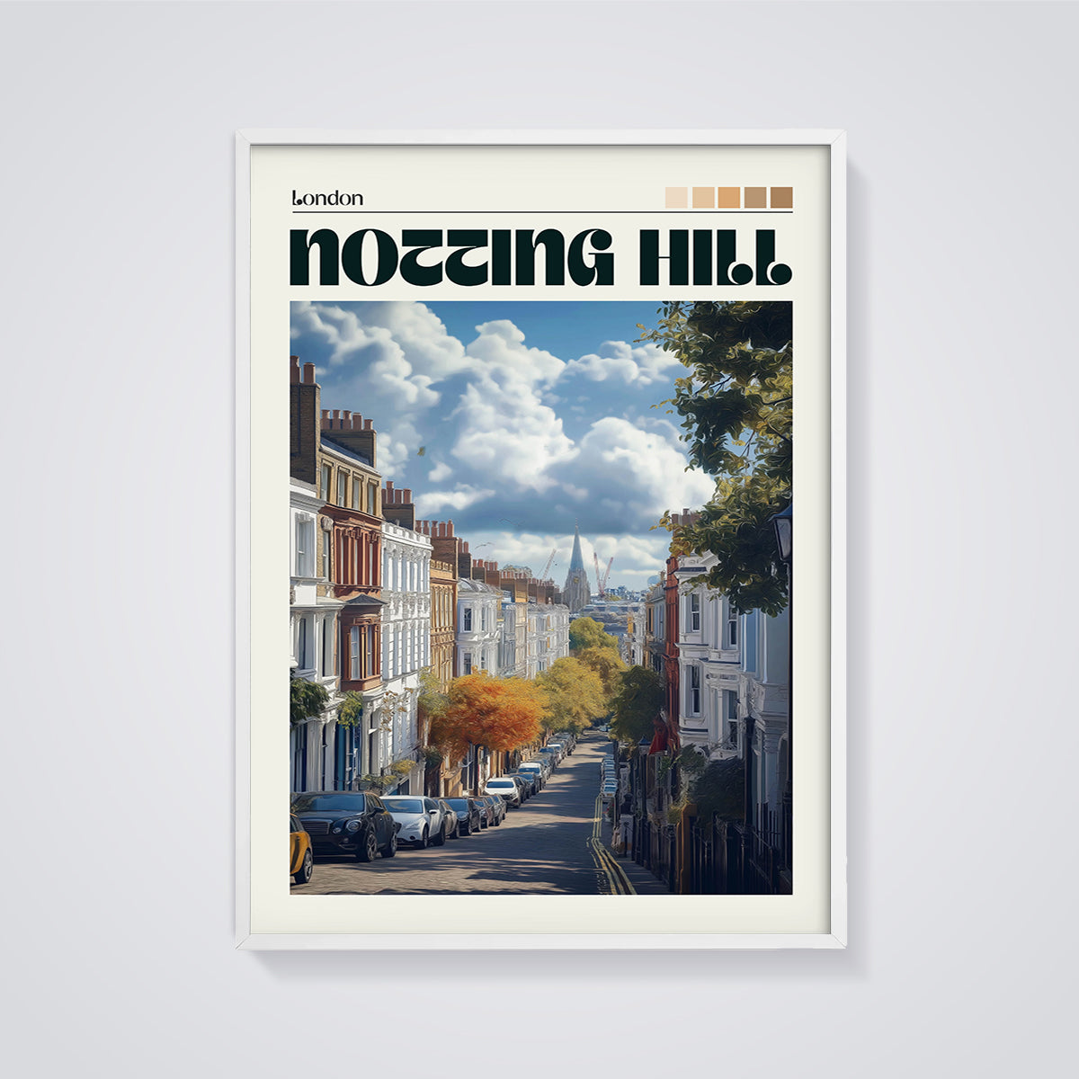 Notting Hill London Street Print framed in white on a grey background