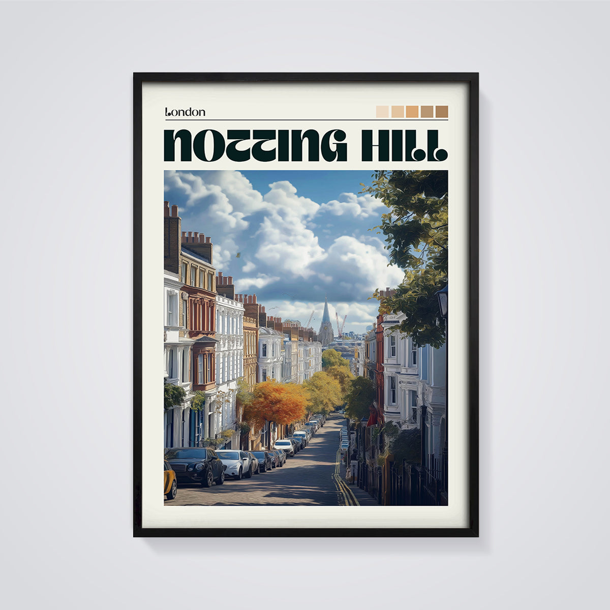 Notting Hill London Street Print framed in black on a grey background