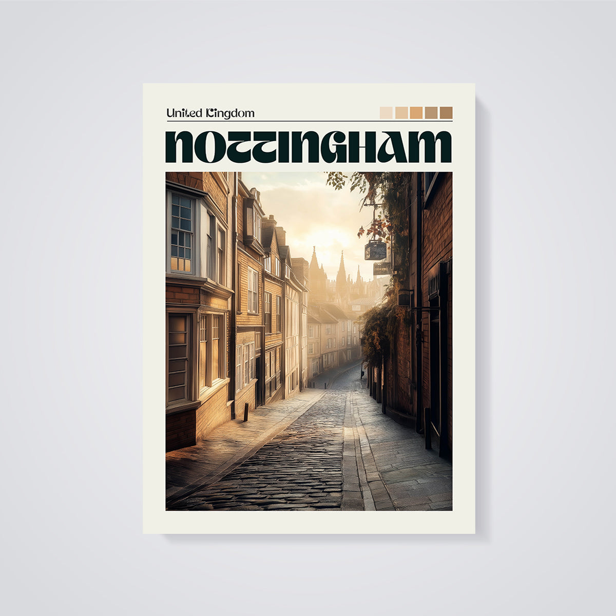 Nottingham Historic Street Print unframed on a grey background