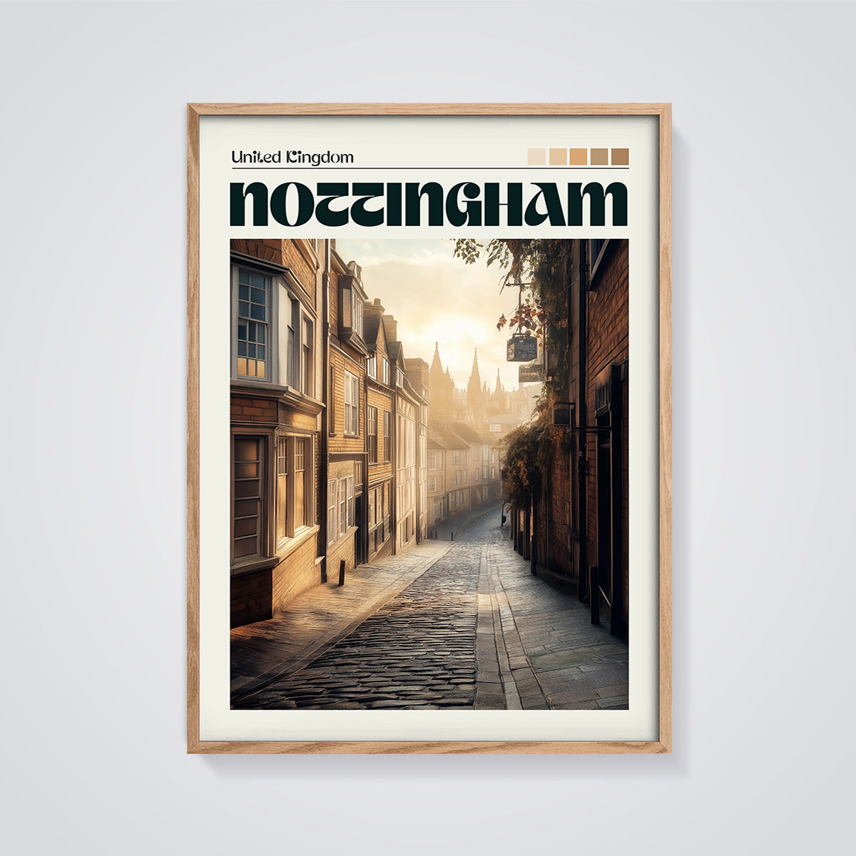 Nottingham Historic Street Print framed in oak on a grey background