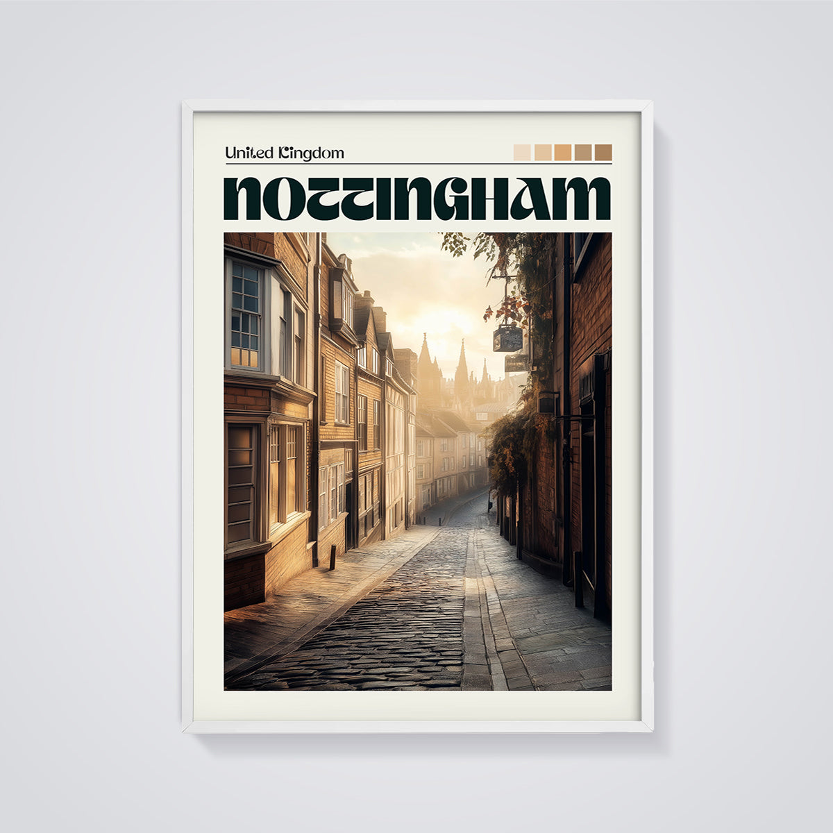 Nottingham Historic Street Print framed in white on a grey background