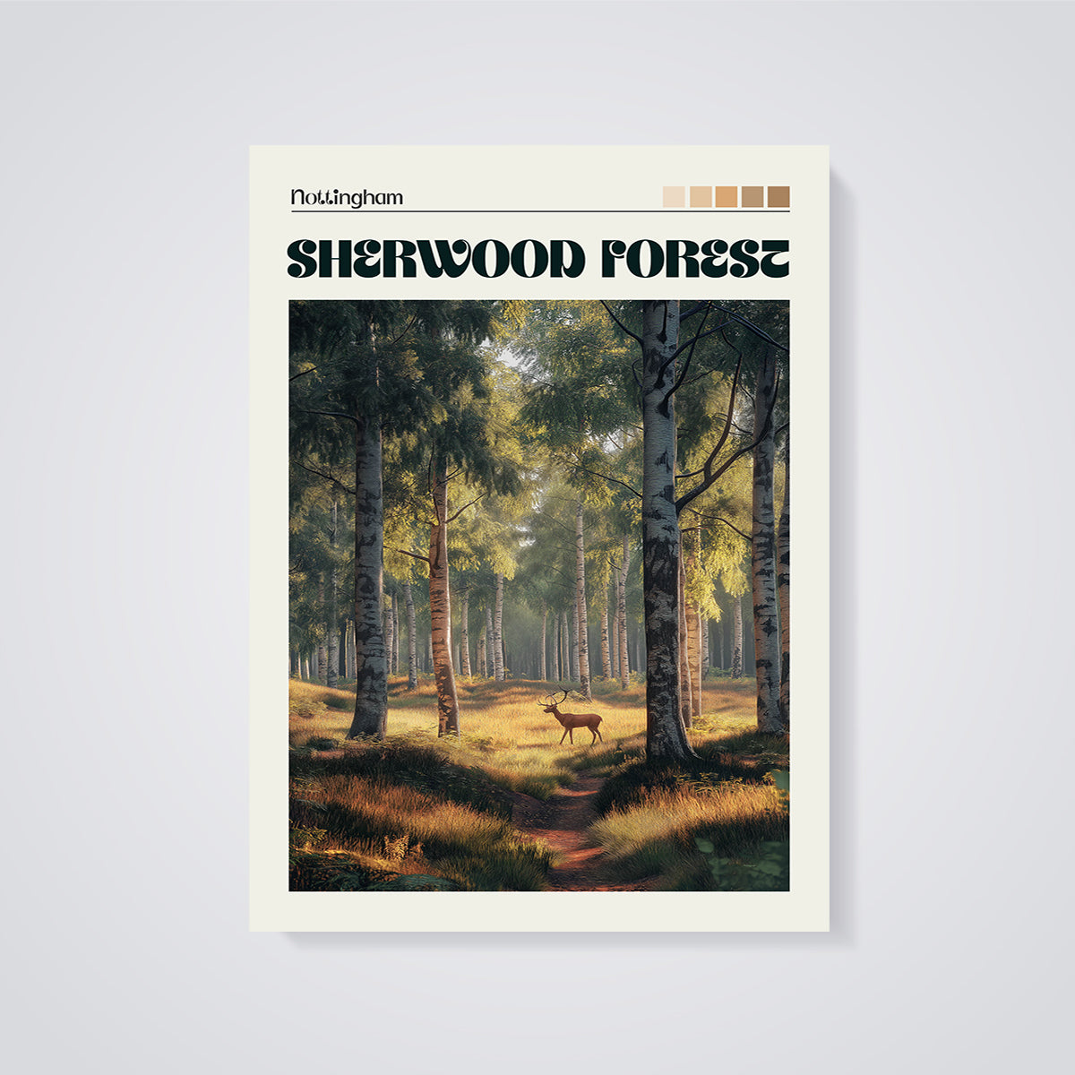 Nottingham Sherwood Forest Deer Print unframed on a grey background