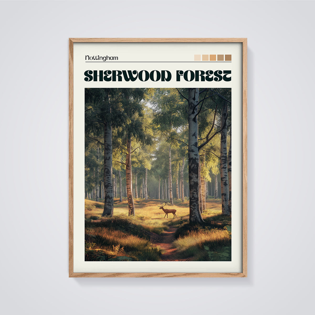 Nottingham Sherwood Forest Deer Print framed in oak on a grey background