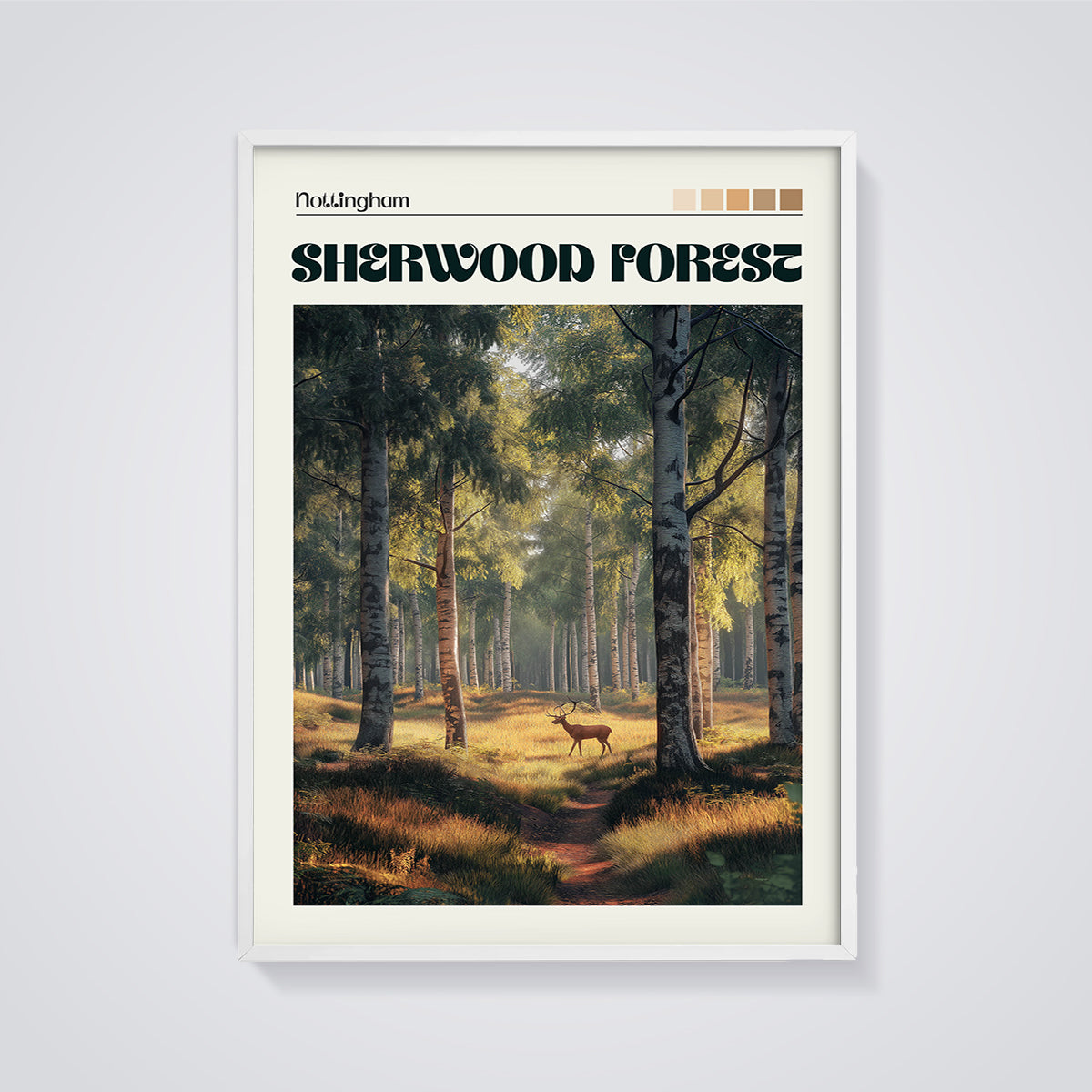 Nottingham Sherwood Forest Deer Print framed in white on a grey background