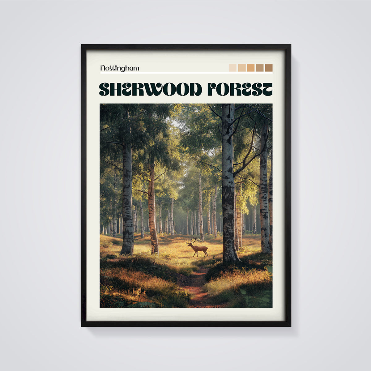 Nottingham Sherwood Forest Deer Print framed in black on a grey background