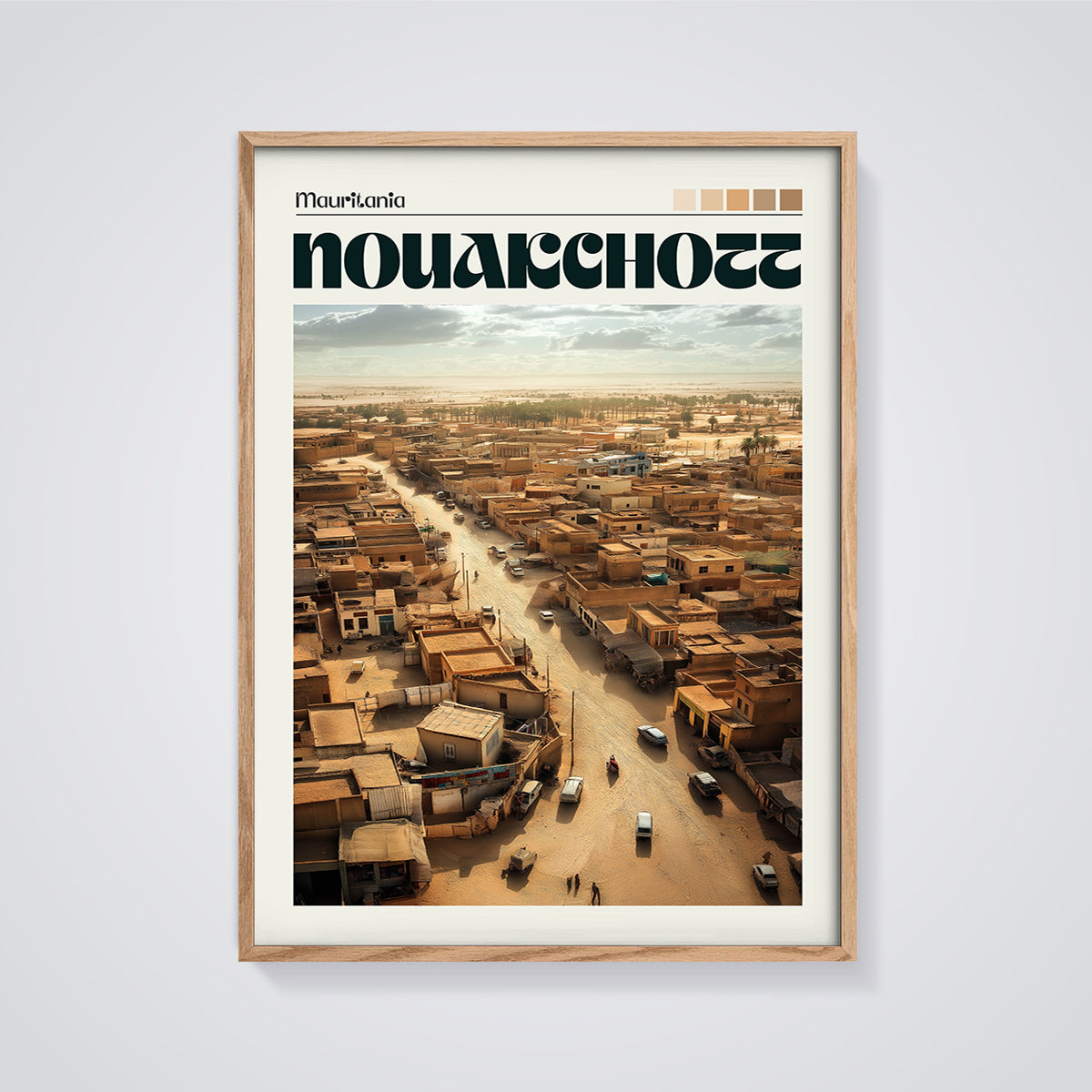 Nouakchott Mauritania Cityscape Print framed in oak on a grey background