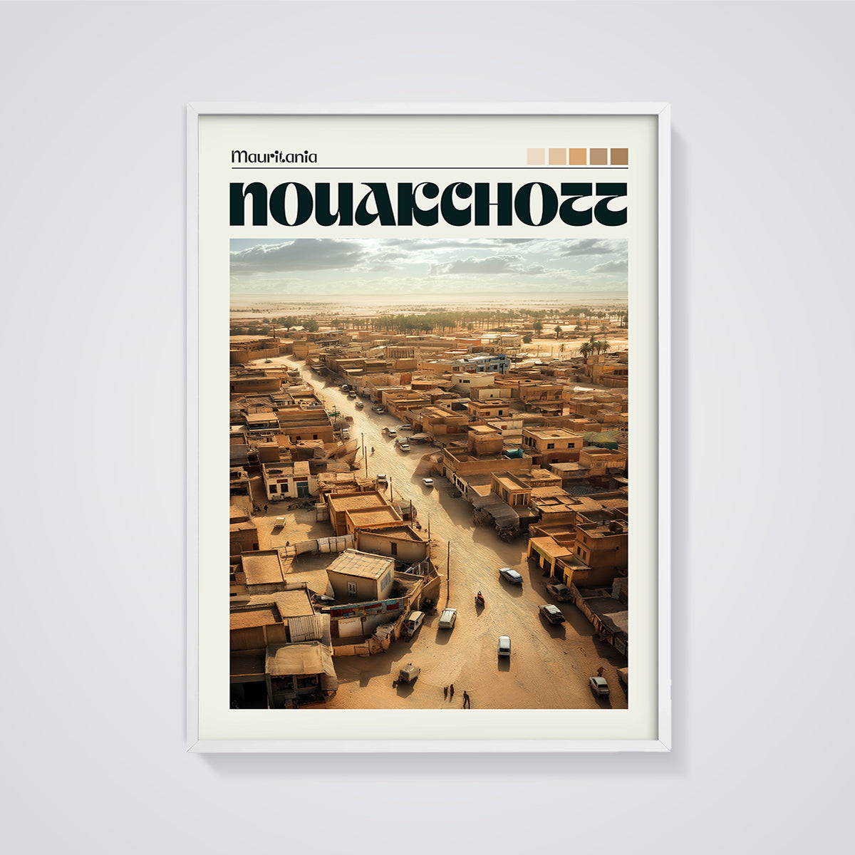 Nouakchott Mauritania Cityscape Print framed in white on a grey background
