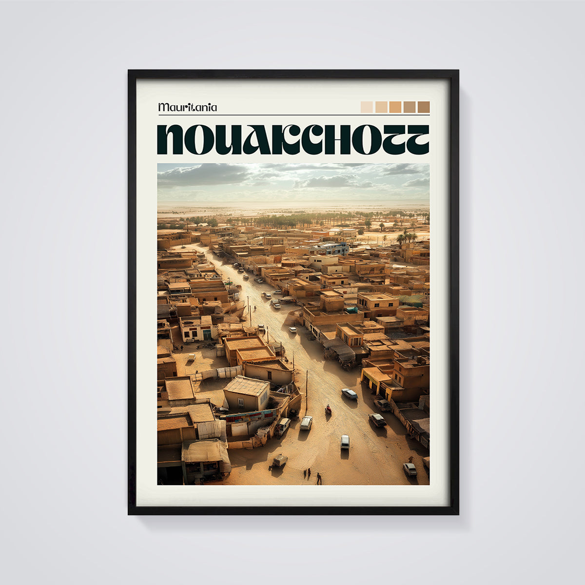 Nouakchott Mauritania Cityscape Print framed in black on a grey background