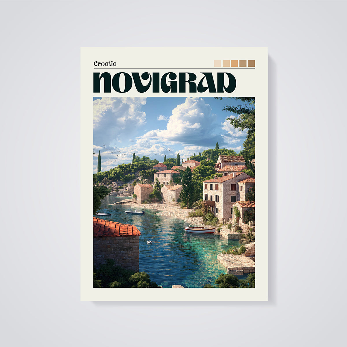 Novigrad, Croatia Coastal Town Print unframed on a grey background