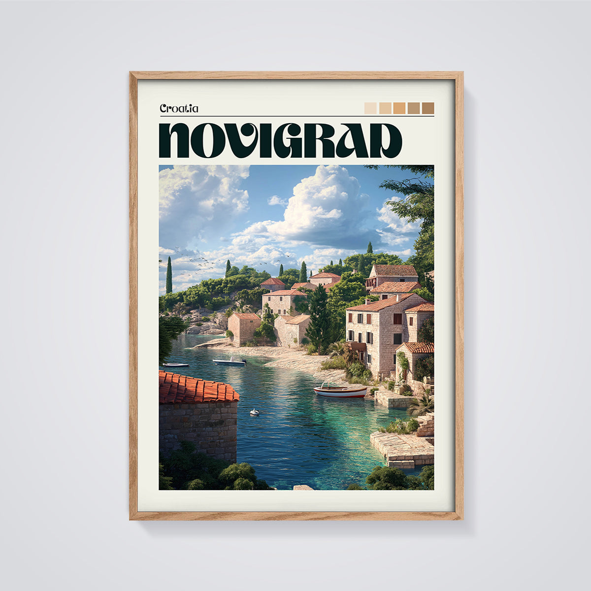 Novigrad, Croatia Coastal Town Print framed in oak on a grey background