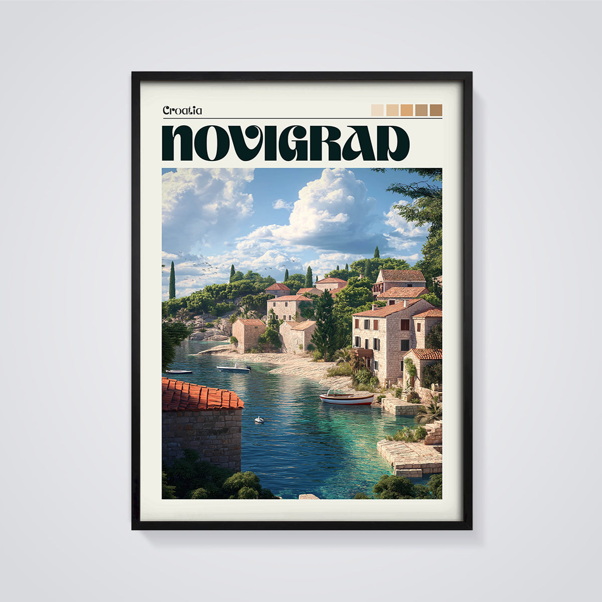 Novigrad, Croatia Coastal Town Print framed in black on a grey background