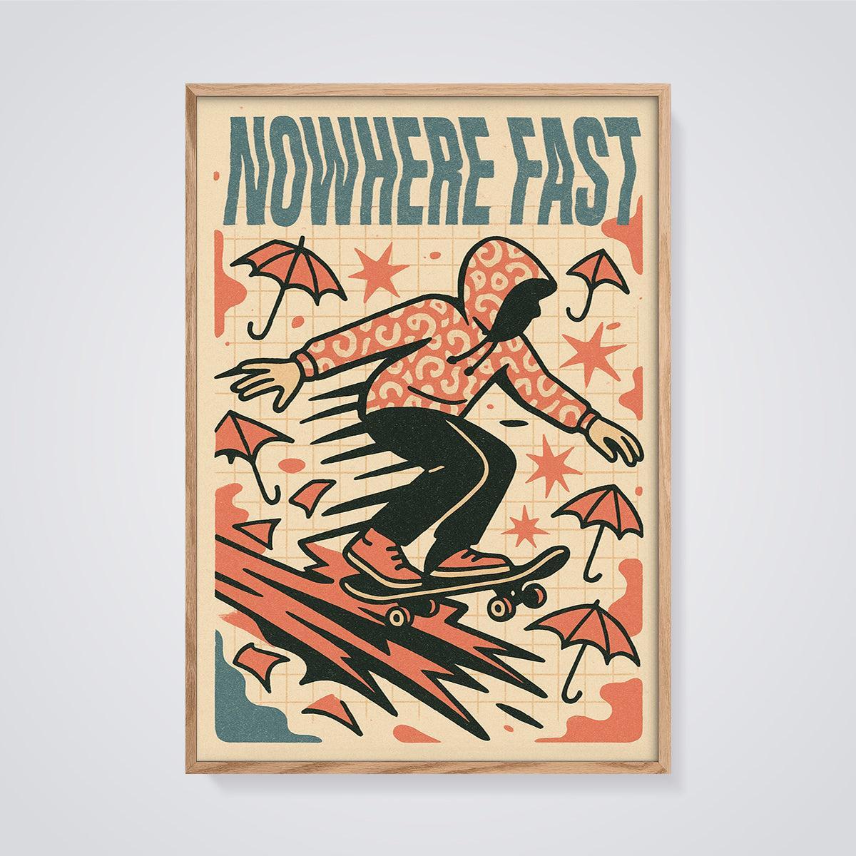 Nowhere Fast Skateboarder Print framed in oak on a grey background