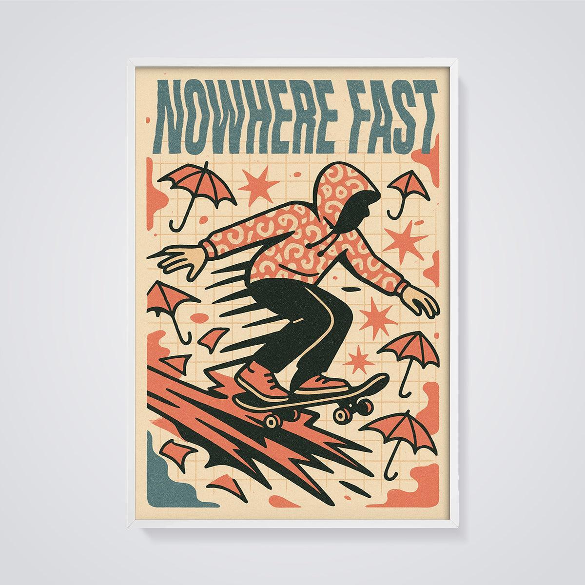 Nowhere Fast Skateboarder Print framed in white on a grey background