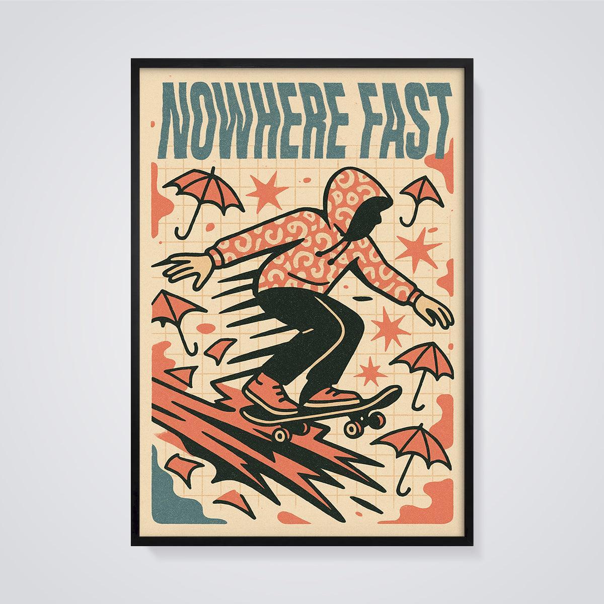 Nowhere Fast Skateboarder Print framed in black on a grey background