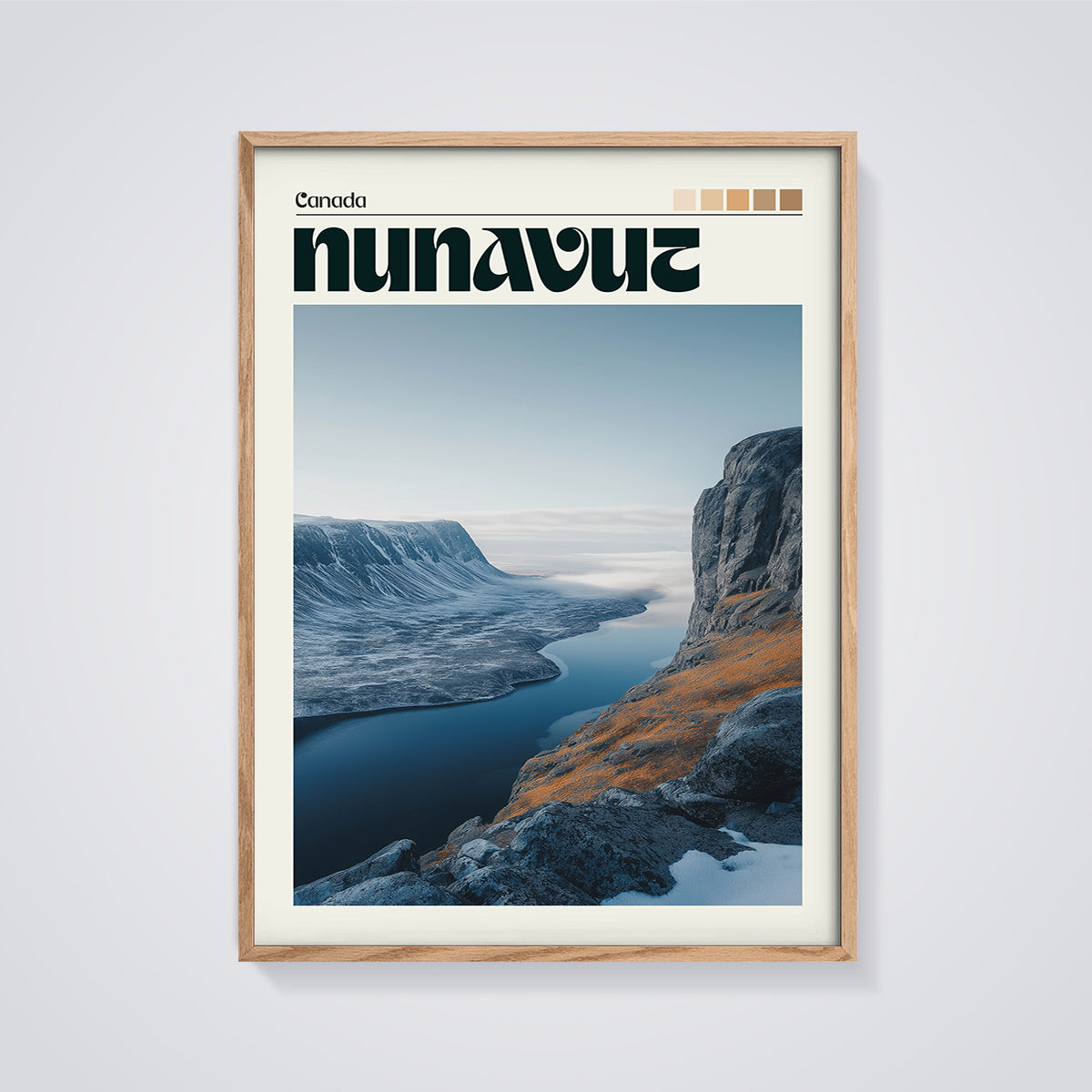 Nunavut Fjord Print framed in oak on a grey background