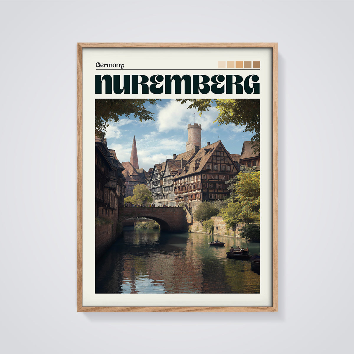 Nuremberg Germany Canal Print framed in oak on a grey background