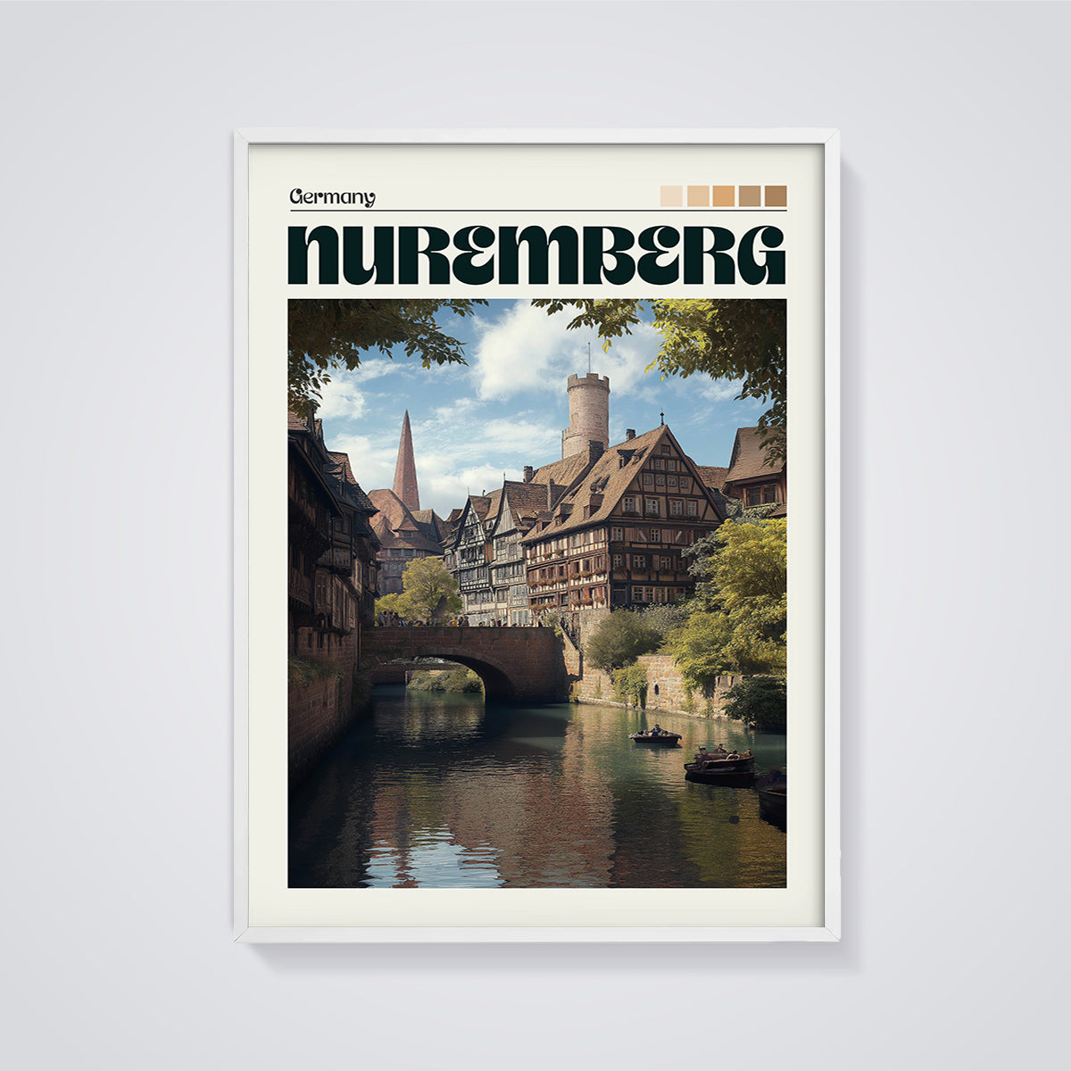 Nuremberg Germany Canal Print framed in white on a grey background