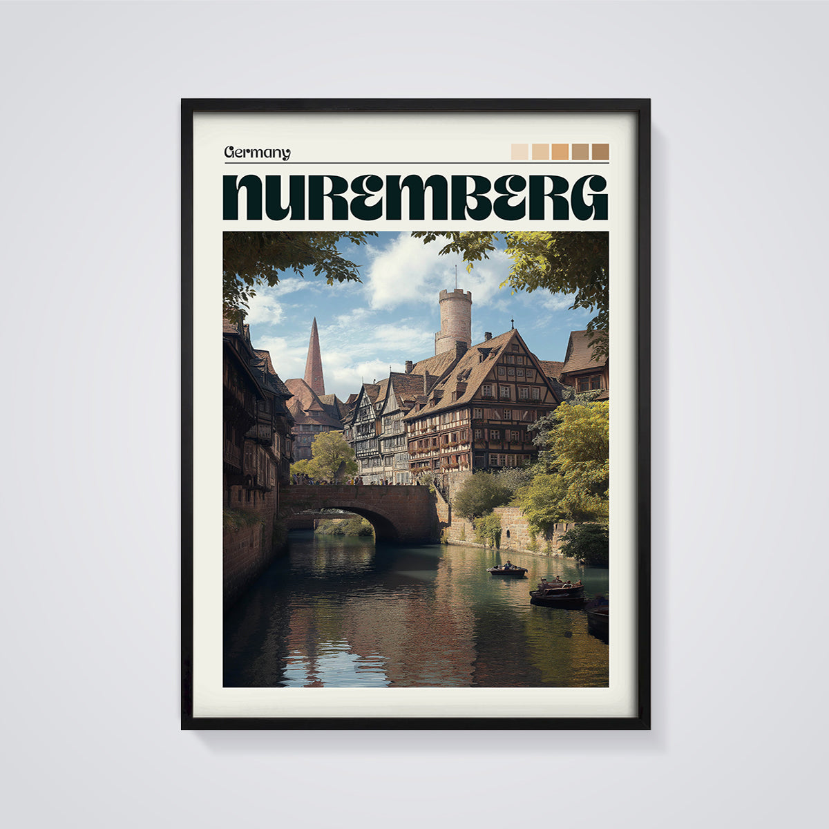 Nuremberg Germany Canal Print framed in black on a grey background