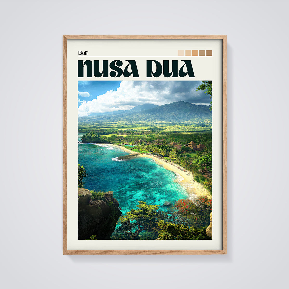 Nusa Dua Bali Beach Print framed in oak on a grey background