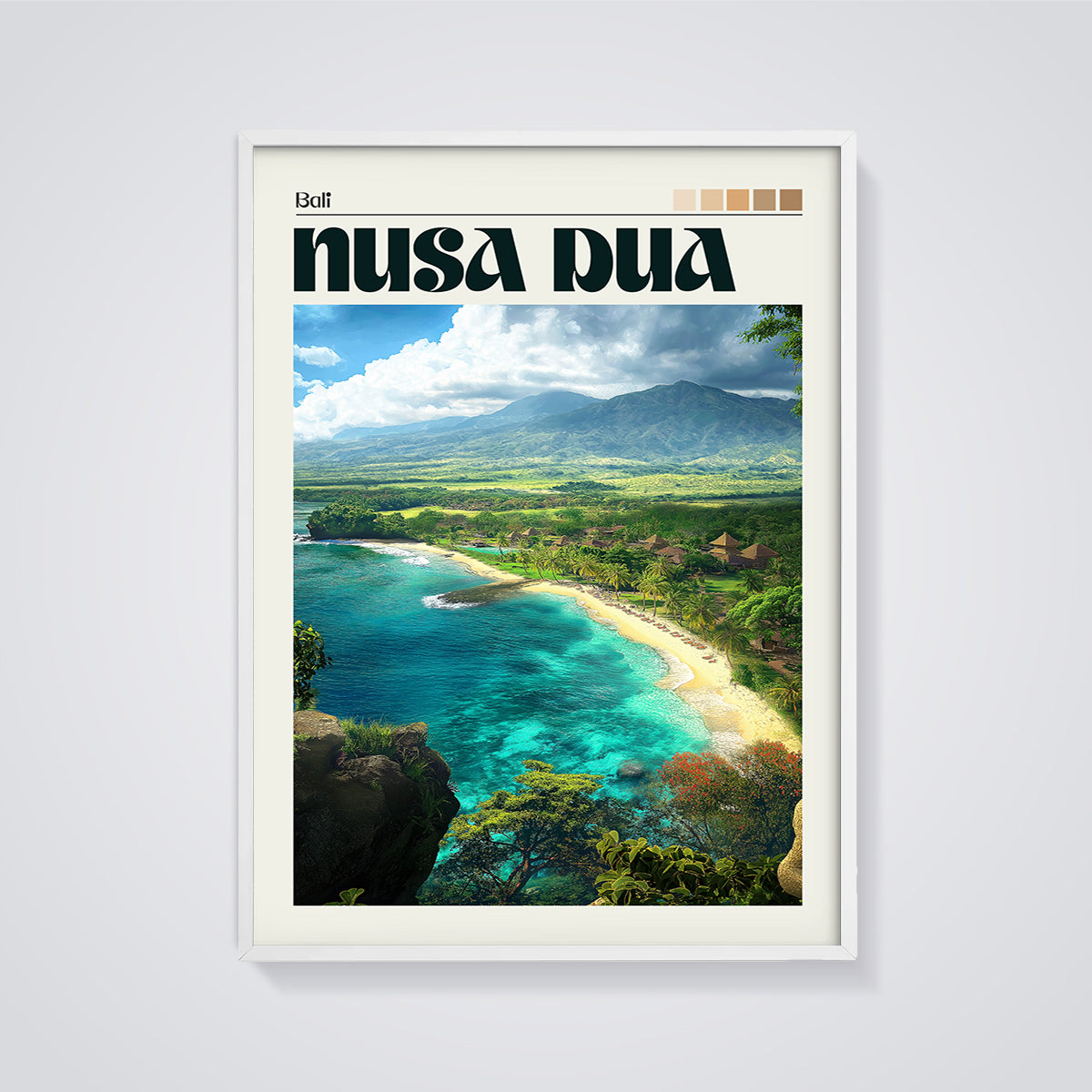 Nusa Dua Bali Beach Print framed in white on a grey background
