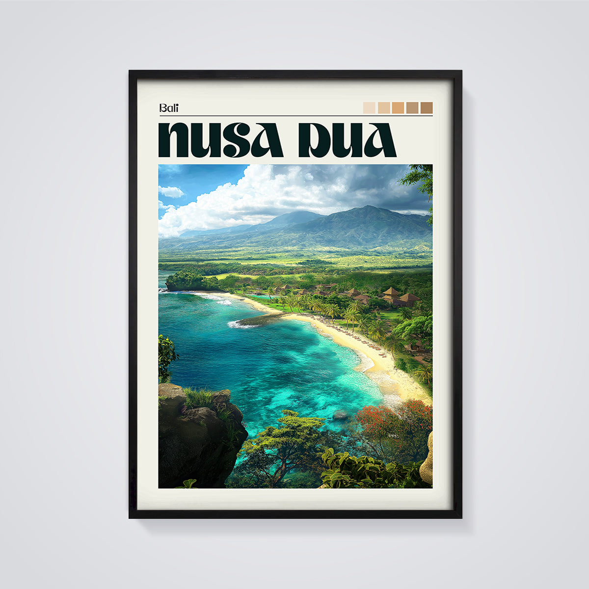 Nusa Dua Bali Beach Print framed in black on a grey background