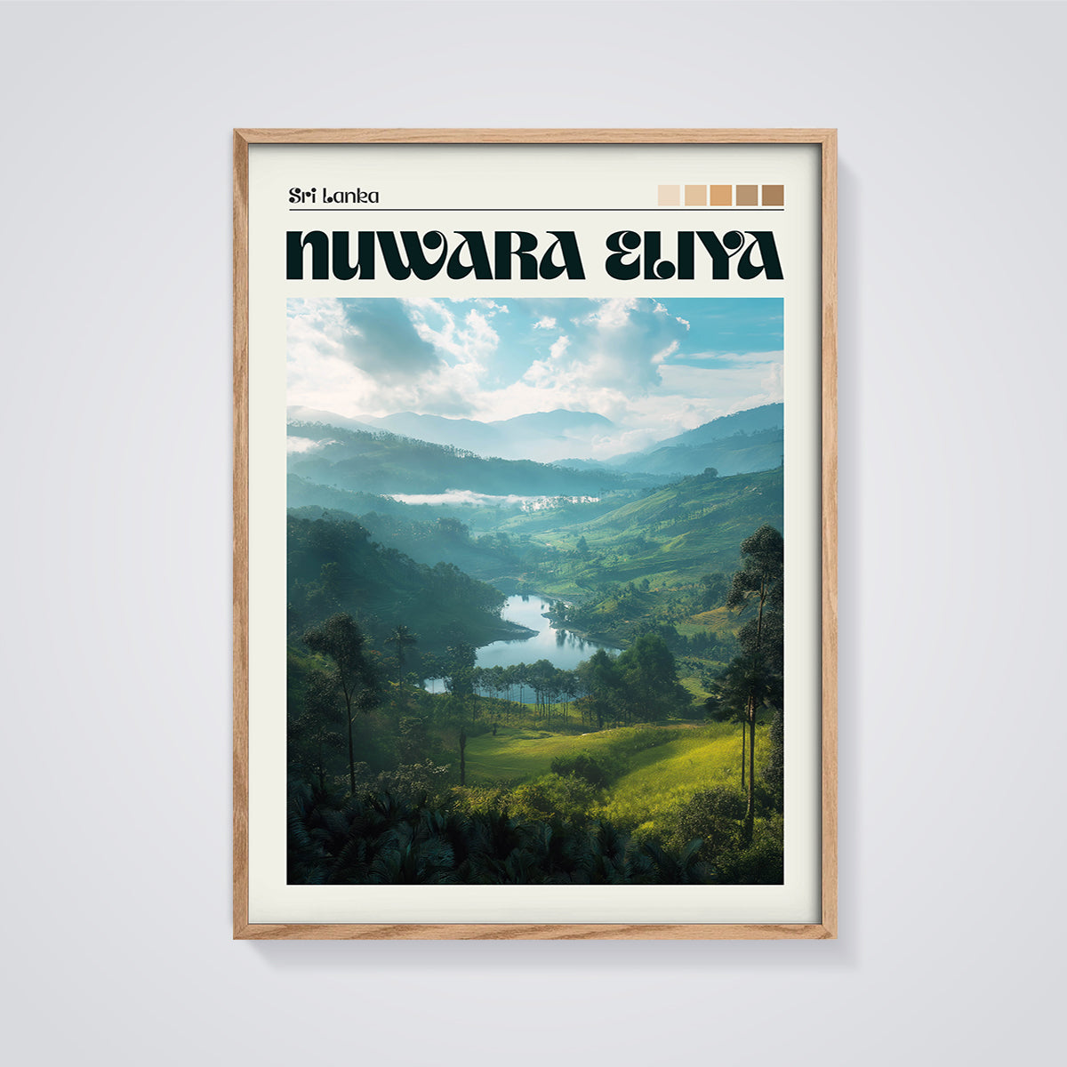 Nuwara Eliya Landscape Print framed in oak on a grey background