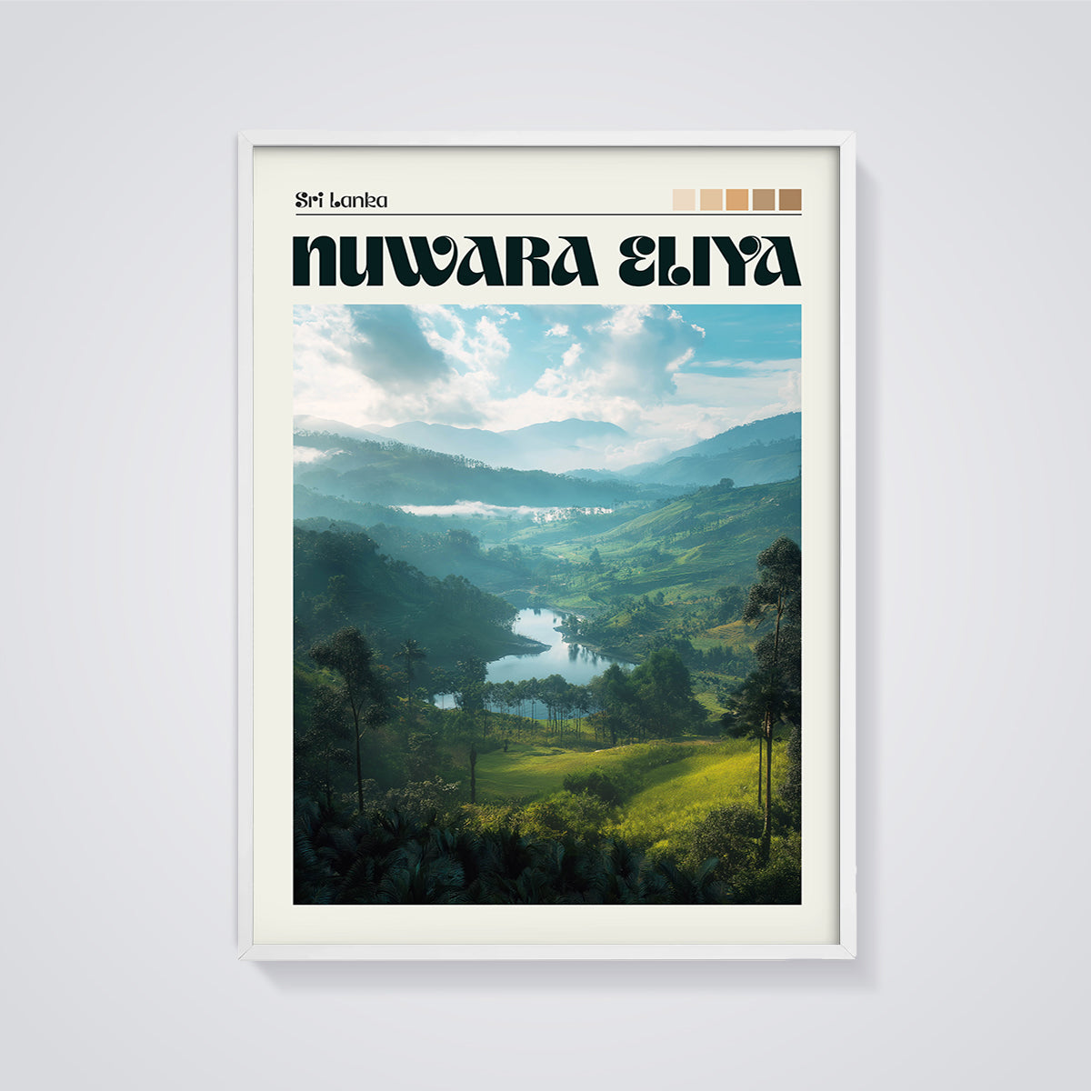 Nuwara Eliya Landscape Print framed in white on a grey background