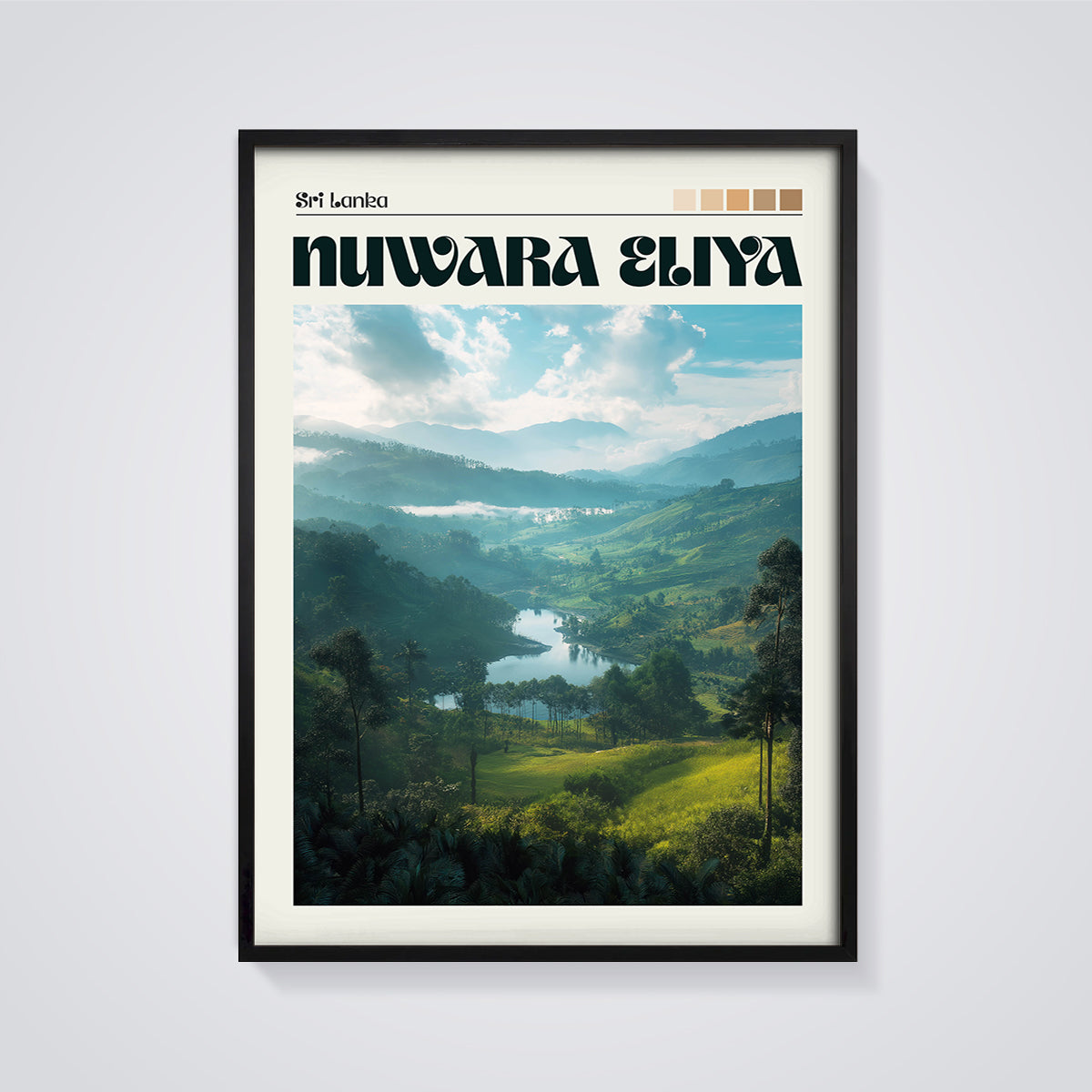 Nuwara Eliya Landscape Print framed in black on a grey background