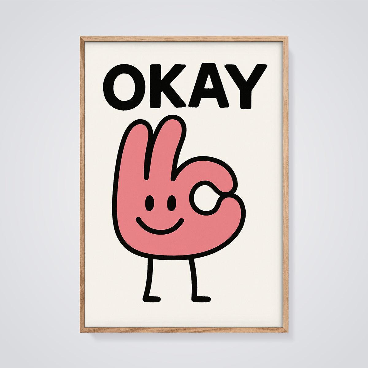 OKAY Smiling Hand Print framed in oak on a grey background