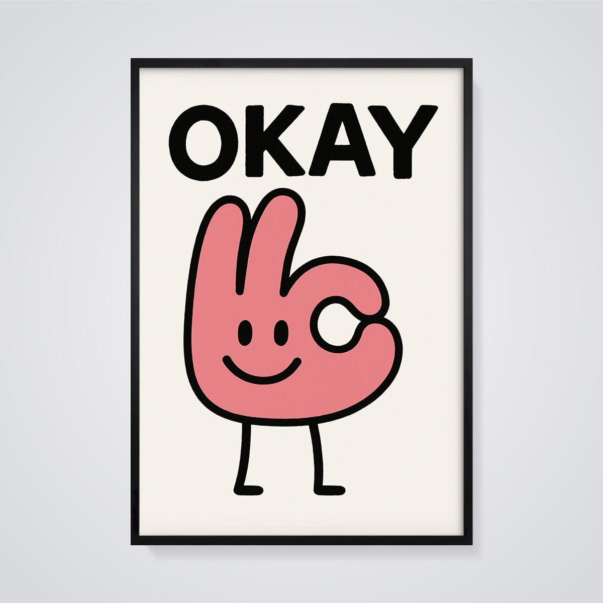 OKAY Smiling Hand Print framed in black on a grey background