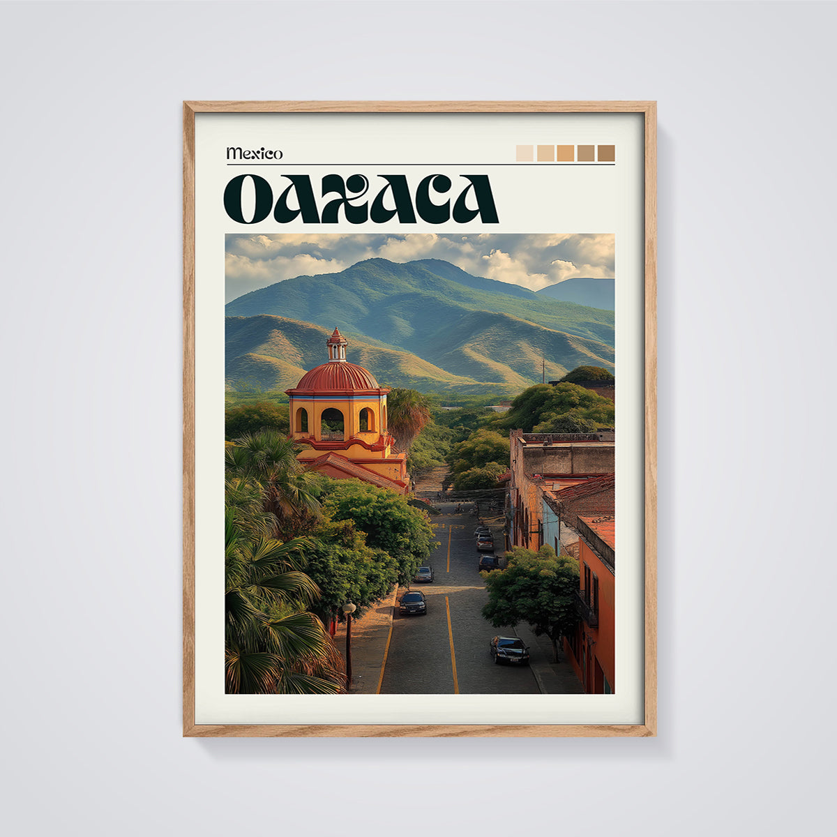 Oaxaca City Dome Print framed in oak on a grey background