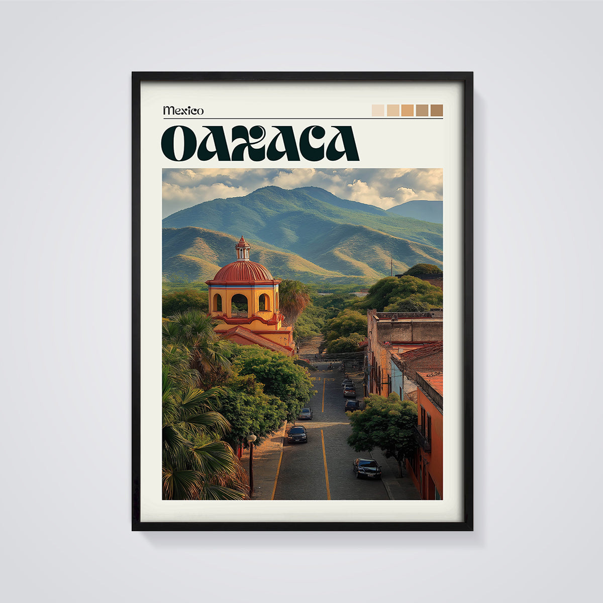 Oaxaca City Dome Print framed in black on a grey background