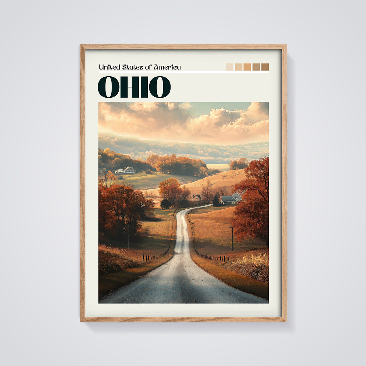 Ohio Autumn Road Print framed in oak on a grey background