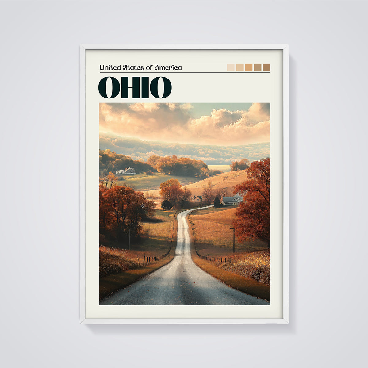 Ohio Autumn Road Print framed in white on a grey background