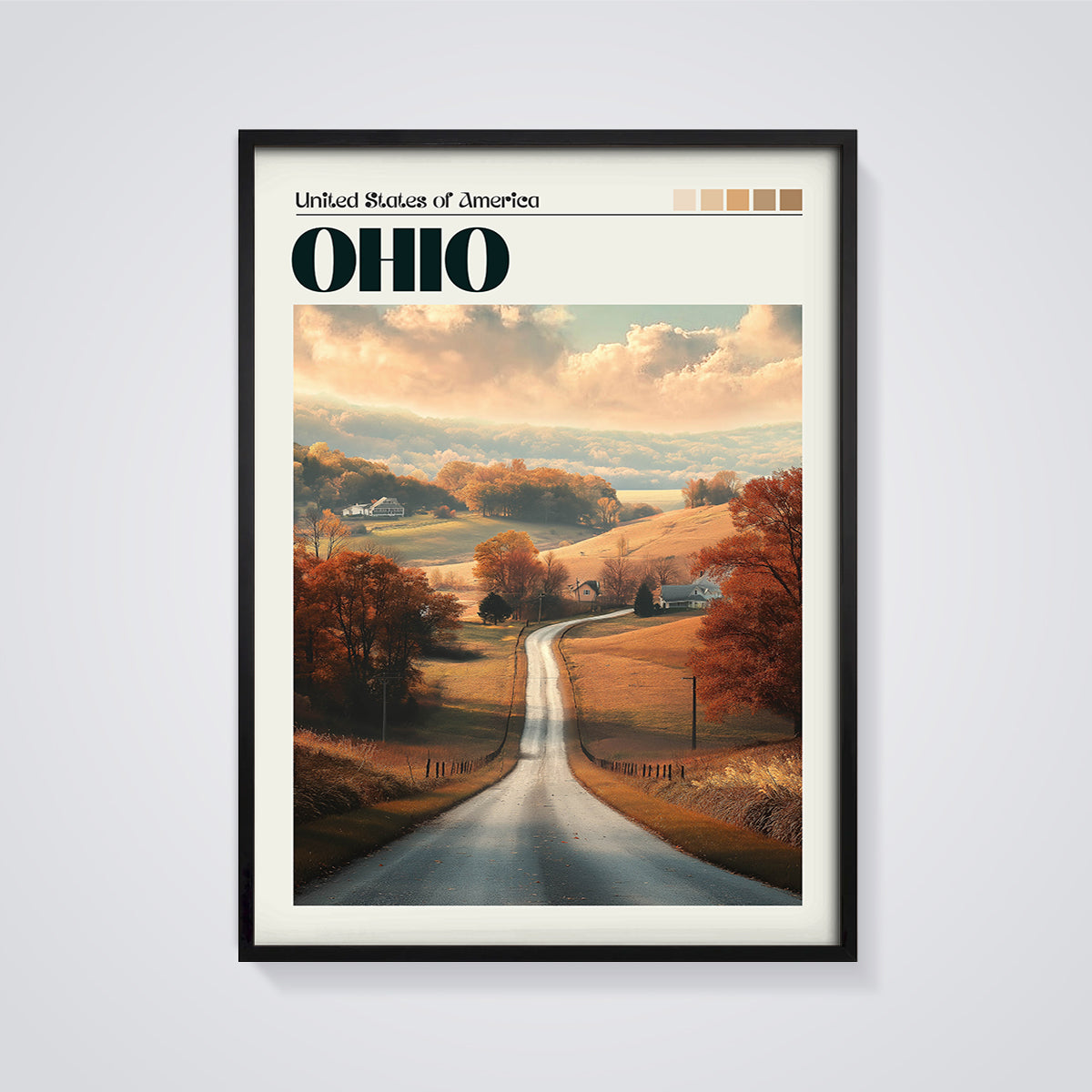 Ohio Autumn Road Print framed in black on a grey background